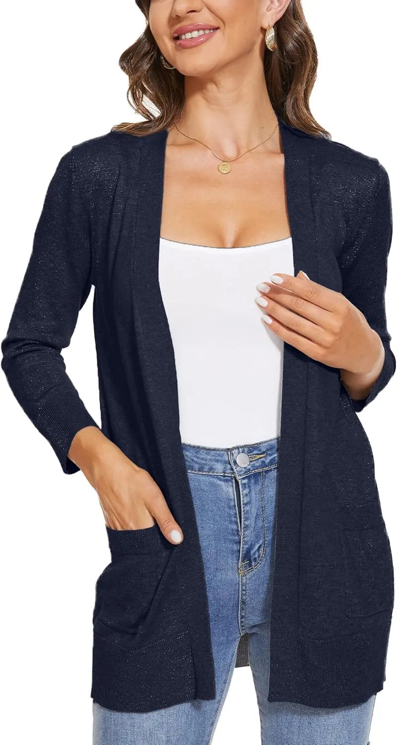 INKOFF Women's 3/4 Sleeve Cardigan Sweater Open Front Knit with Pockets Rib Hem Casual S-XXL