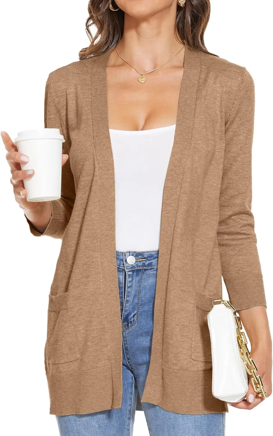 INKOFF Women's 3/4 Sleeve Cardigan Sweater Open Front Knit with Pockets Rib Hem Casual S-XXL