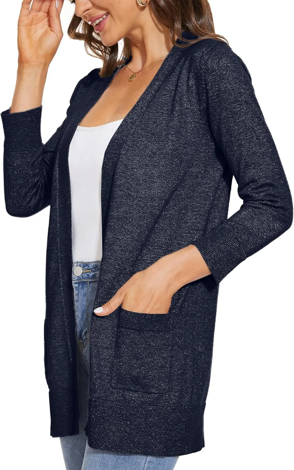 INKOFF Women's 3/4 Sleeve Cardigan Sweater Open Front Knit with Pockets Rib Hem Casual S-XXL