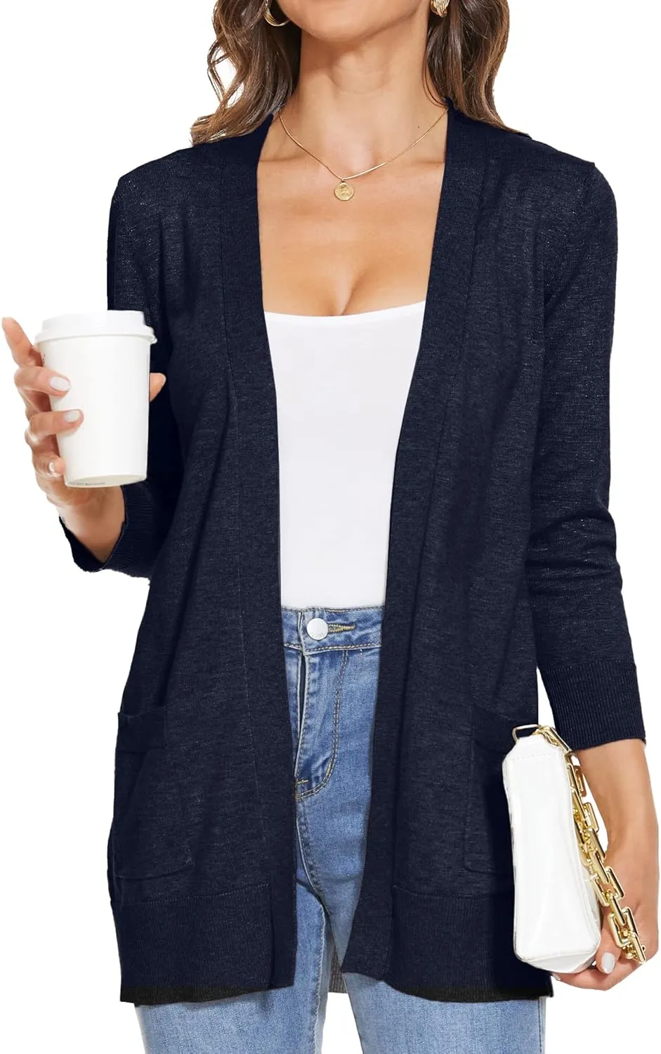 INKOFF Women's 3/4 Sleeve Cardigan Sweater Open Front Knit with Pockets Rib Hem Casual S-XXL