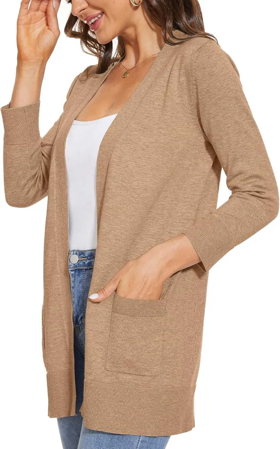 INKOFF Women's 3/4 Sleeve Cardigan Sweater Open Front Knit with Pockets Rib Hem Casual S-XXL