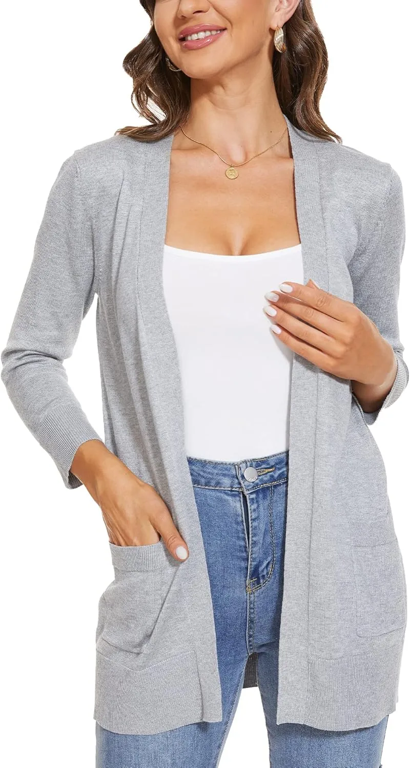 INKOFF Women's 3/4 Sleeve Cardigan Sweater Open Front Knit with Pockets Rib Hem Casual S-XXL