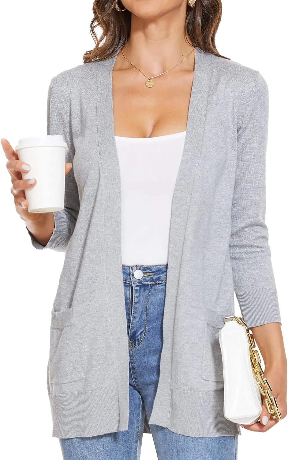 INKOFF Women's 3/4 Sleeve Cardigan Sweater Open Front Knit with Pockets Rib Hem Casual S-XXL
