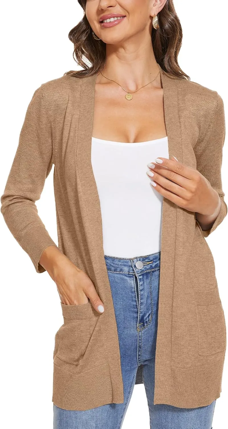 INKOFF Women's 3/4 Sleeve Cardigan Sweater Open Front Knit with Pockets Rib Hem Casual S-XXL