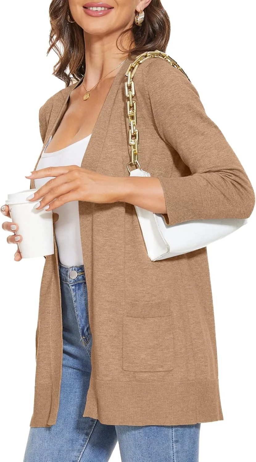 INKOFF Women's 3/4 Sleeve Cardigan Sweater Open Front Knit with Pockets Rib Hem Casual S-XXL