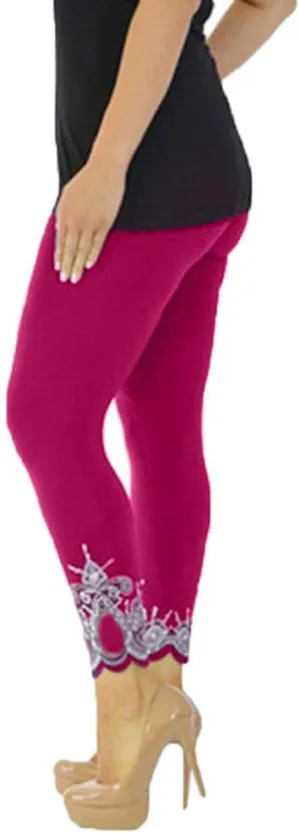 JOFOW Womens Leggings Solid Basic Lace Cuff High Waist Stretch Long Yoga Pants