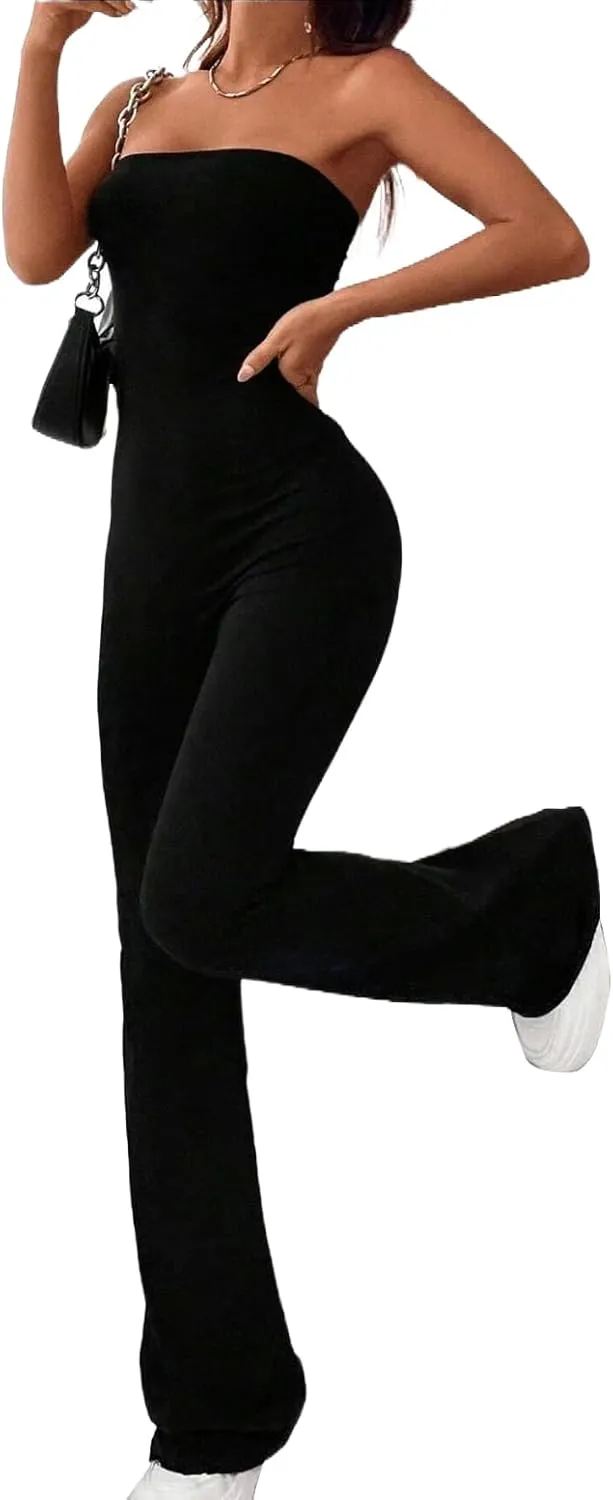 Jumpsuits for Women Black Backless Flare Leg Tube Jumpsuit Sleeveless Sexy Strapless Long Romper Playsuit