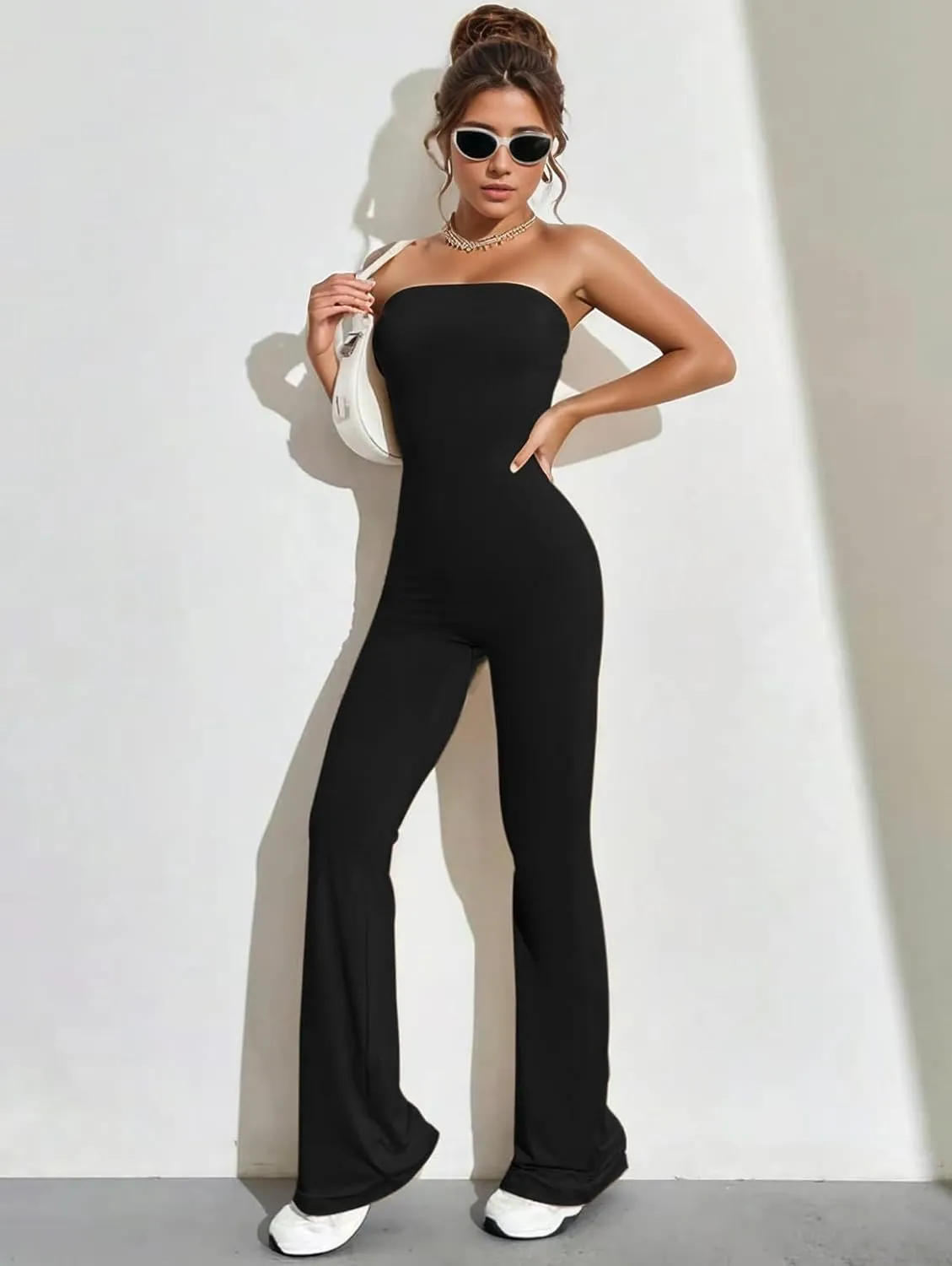 Jumpsuits for Women Black Backless Flare Leg Tube Jumpsuit Sleeveless Sexy Strapless Long Romper Playsuit