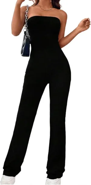 Jumpsuits for Women Black Backless Flare Leg Tube Jumpsuit Sleeveless Sexy Strapless Long Romper Playsuit