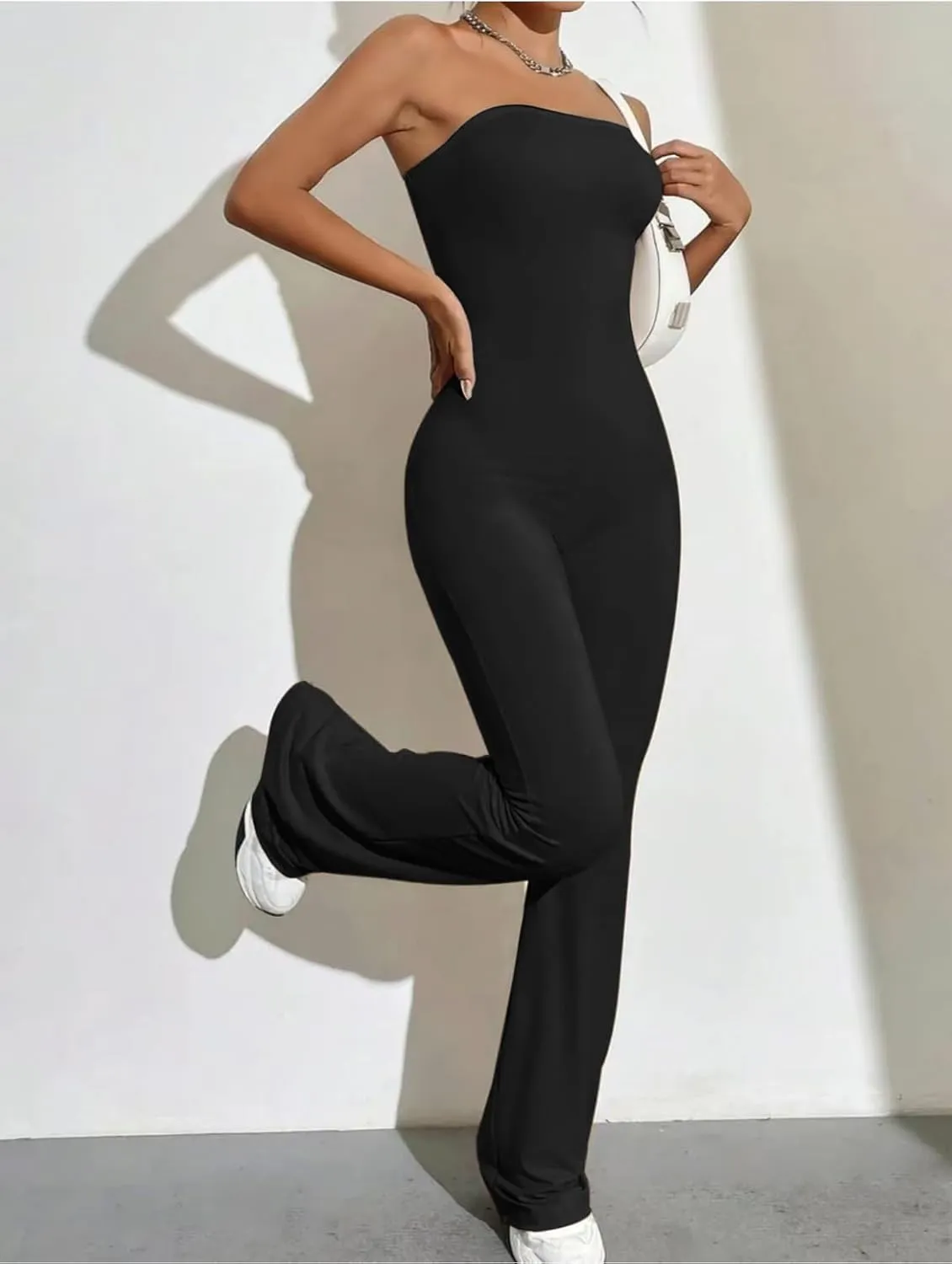 Jumpsuits for Women Black Backless Flare Leg Tube Jumpsuit Sleeveless Sexy Strapless Long Romper Playsuit