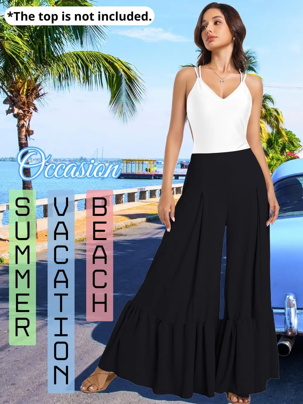 Kaei&Shi Women Casual Palazzo Loose Pants,Flowy Ruffle Wide Leg Baggy Pant Summer