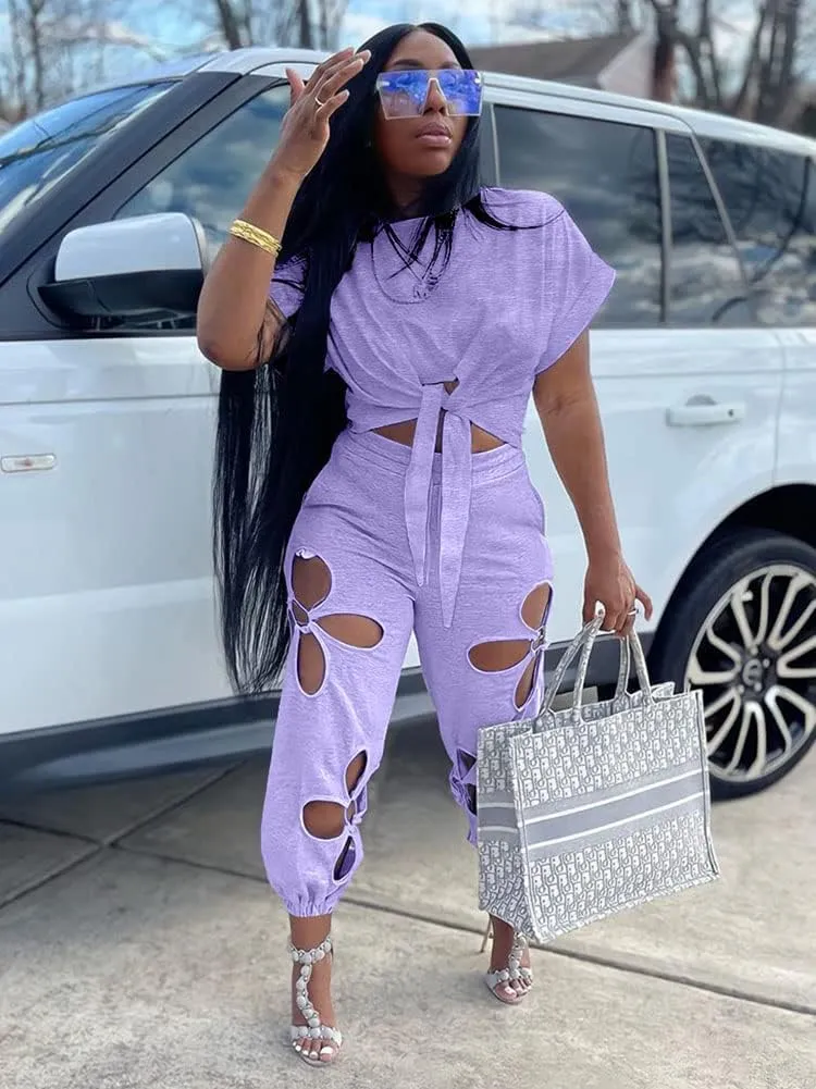 KEYUFANG Women 2 Piece Outfits Set Casual Crop Top Shirt Hollowed Out Sweatpants Women Fashion Tracksuit