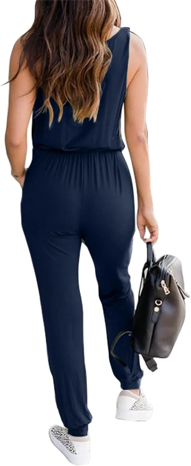KIRUNDO Women 2025 Summer Jumpsuits Casual Sleeveless Drawstring Elastic Waist Romper Vacation Cruise Airport Travel Outfits