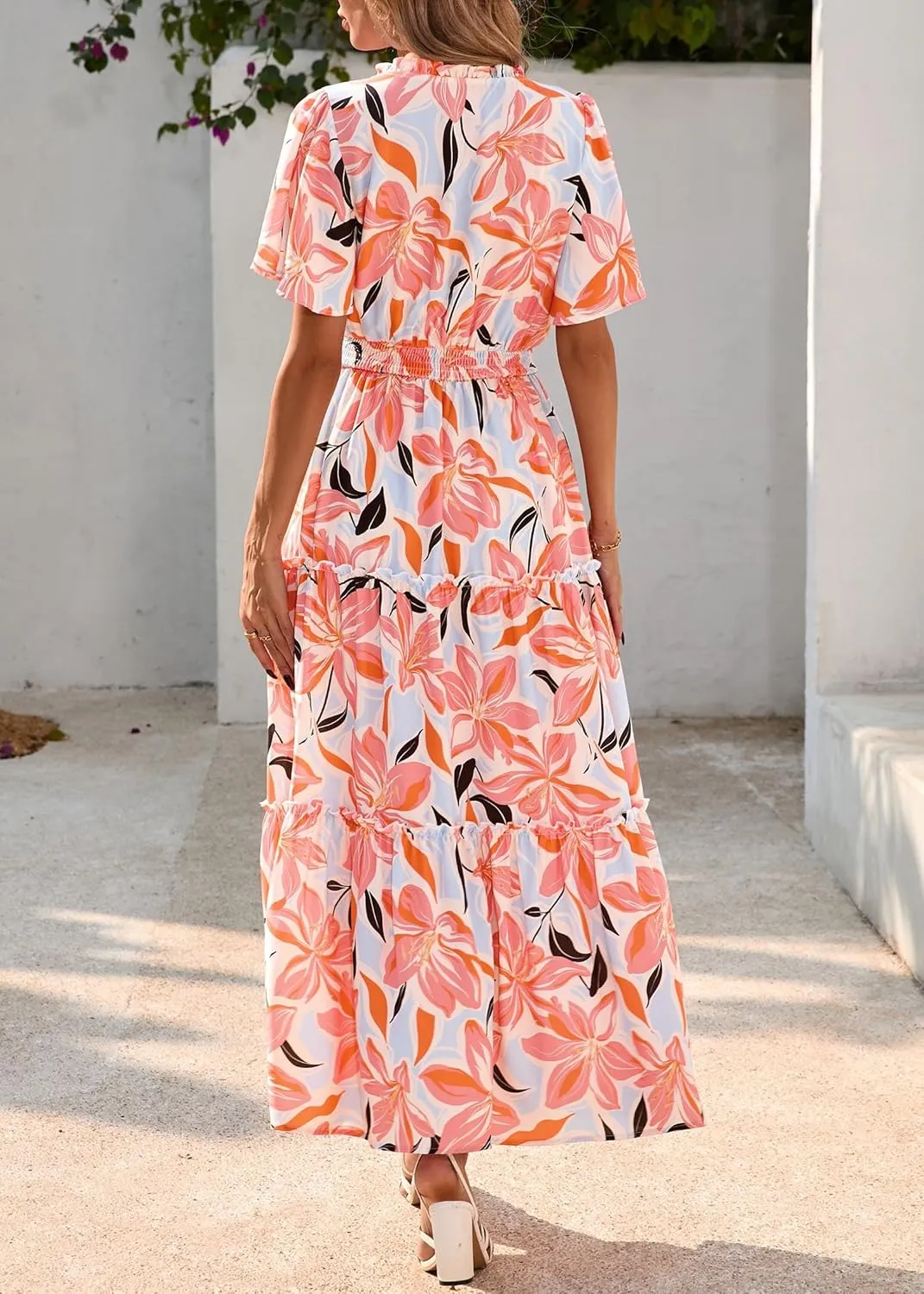 KIRUNDO Womens Summer Boho Floral Maxi Dress Flutter Short Sleeve V Neck Ruffle Tiered Flowy Beach Wedding Guest Dresses