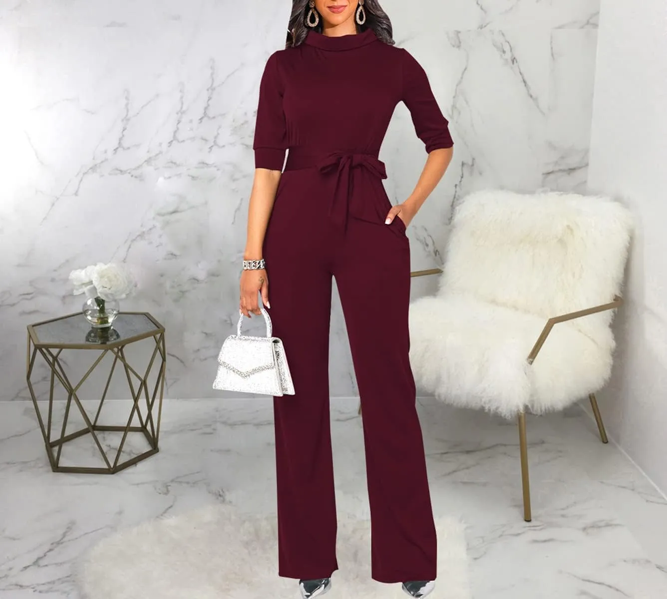 LaiyiVic Jumpsuits for Women Elegant Formal Turtle Neck Sexy One Piece Wide Leg Pants Rompers