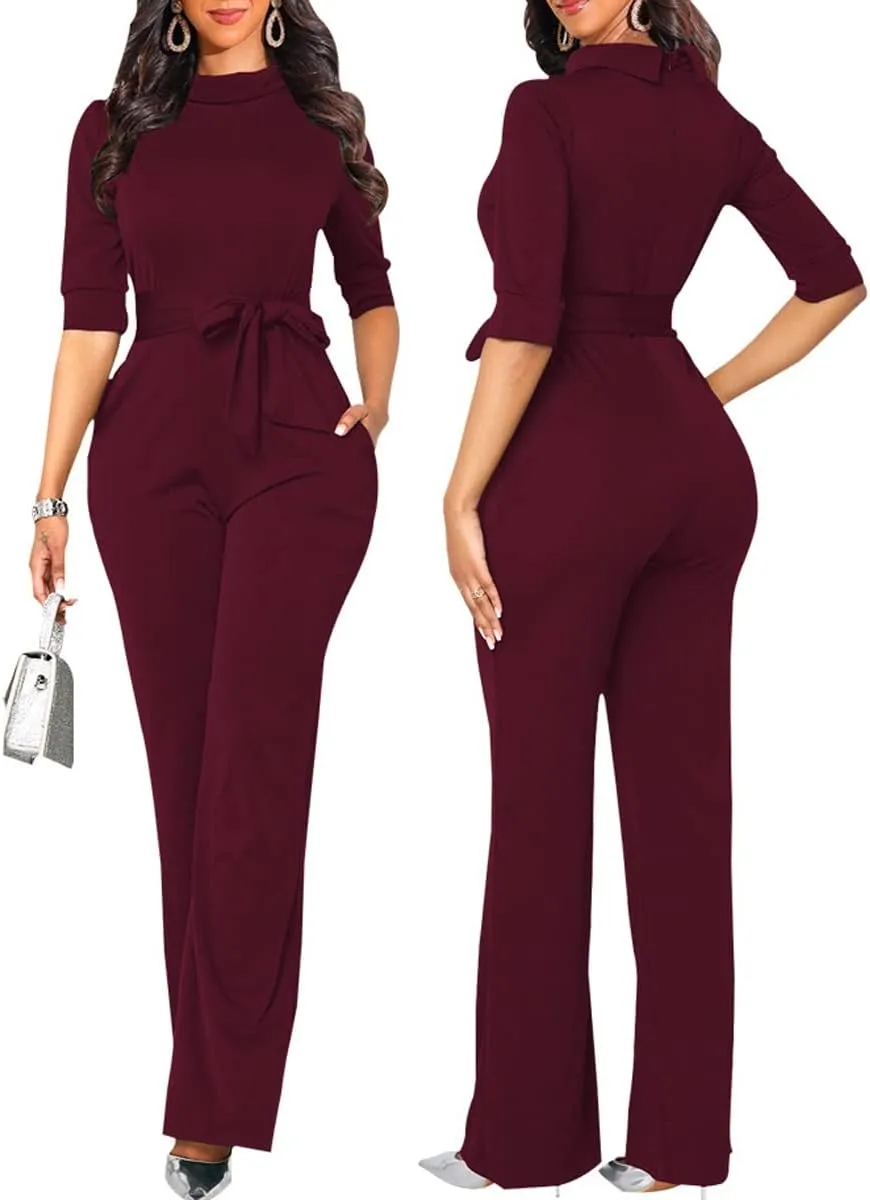 LaiyiVic Jumpsuits for Women Elegant Formal Turtle Neck Sexy One Piece Wide Leg Pants Rompers