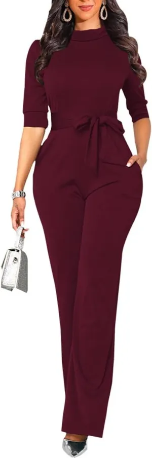 LaiyiVic Jumpsuits for Women Elegant Formal Turtle Neck Sexy One Piece Wide Leg Pants Rompers