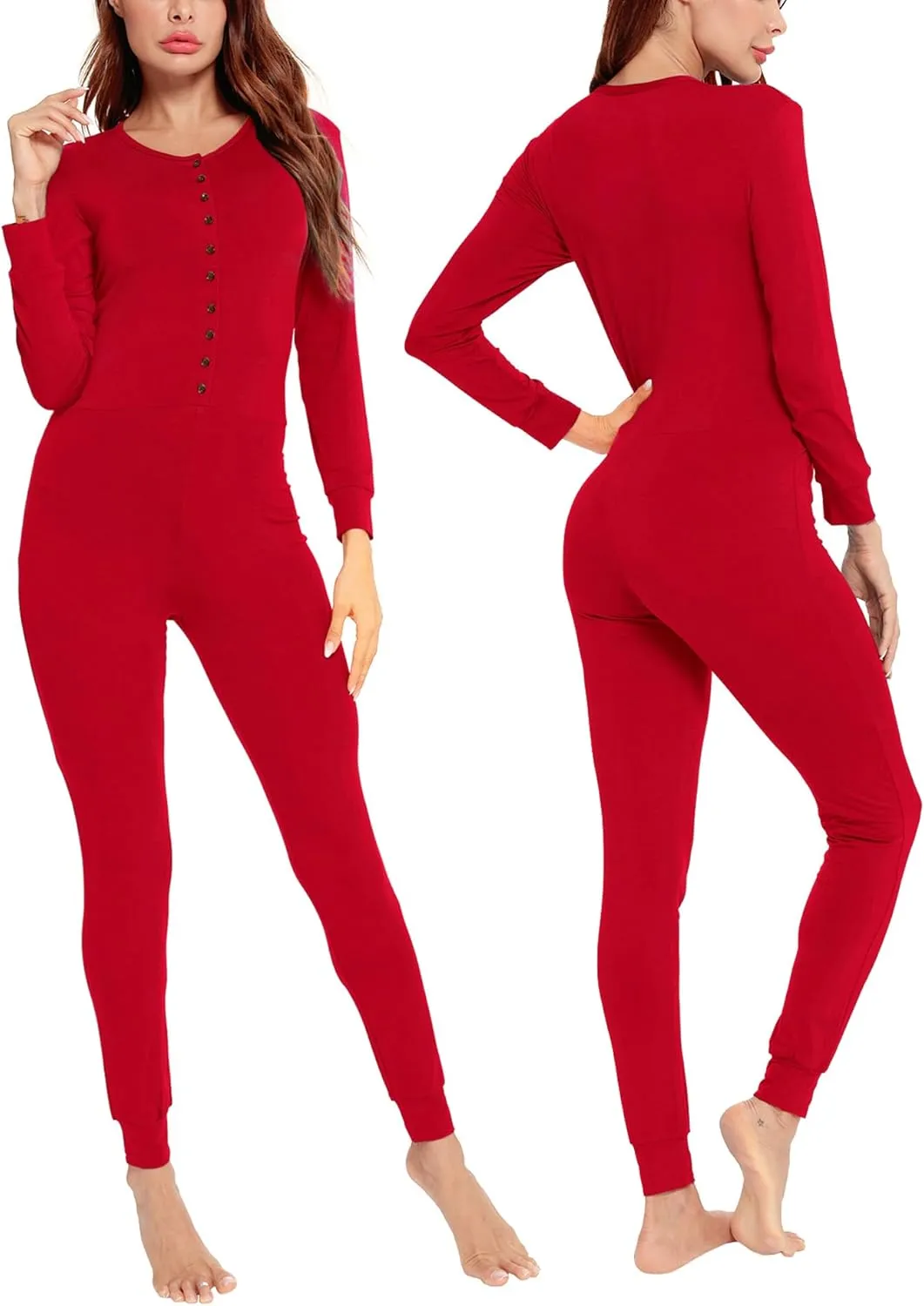 LecGee Womens Onesie Pajama Jumpsuits Adult One Piece Sleepwear Button Bodysuit Modal Underwear Set Long Sleeve Union Suit