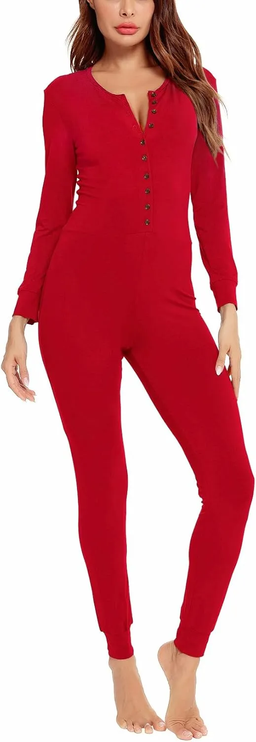 LecGee Womens Onesie Pajama Jumpsuits Adult One Piece Sleepwear Button Bodysuit Modal Underwear Set Long Sleeve Union Suit