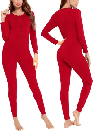 LecGee Womens Onesie Pajama Jumpsuits Adult One Piece Sleepwear Button Bodysuit Modal Underwear Set Long Sleeve Union Suit