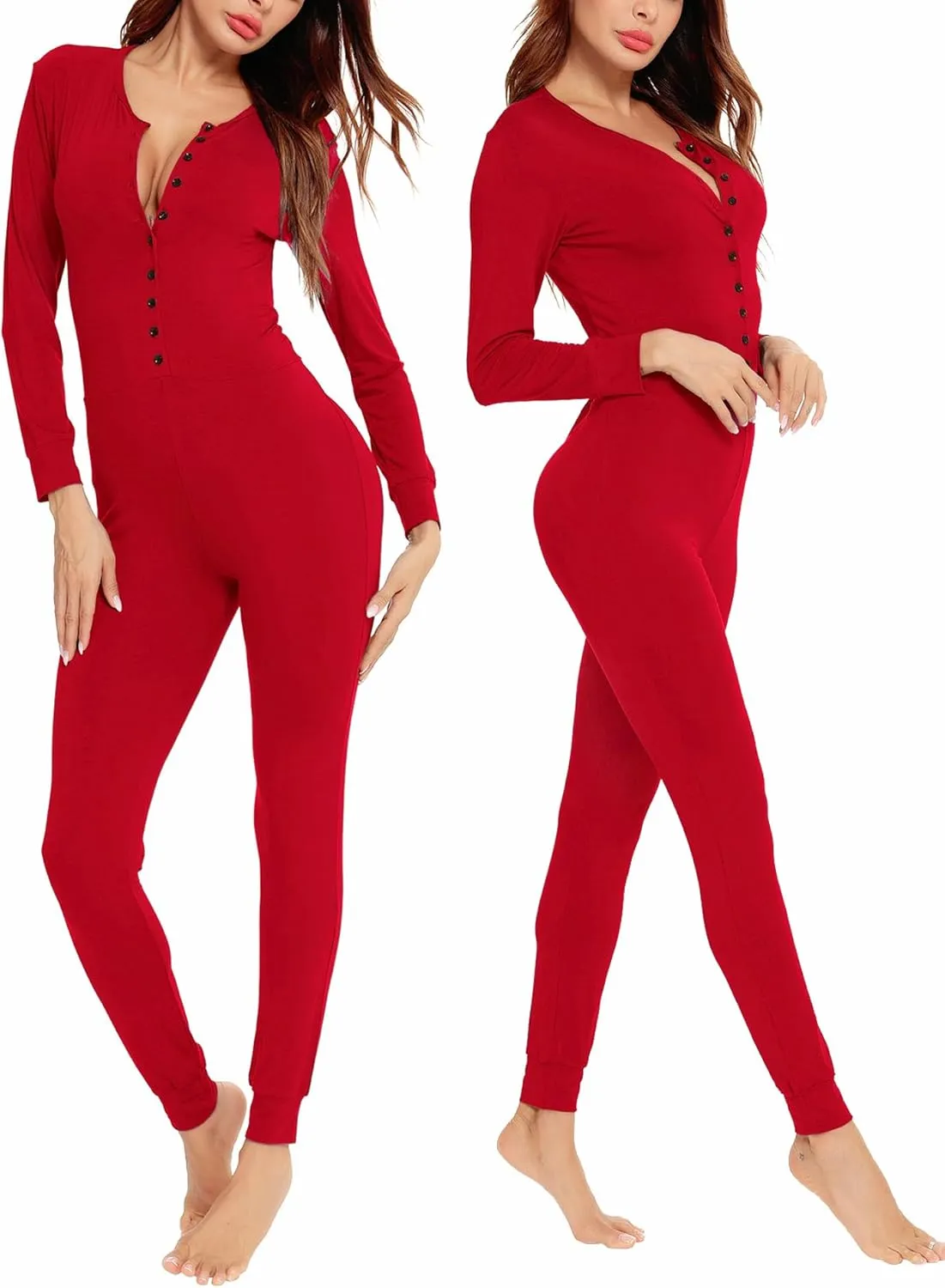 LecGee Womens Onesie Pajama Jumpsuits Adult One Piece Sleepwear Button Bodysuit Modal Underwear Set Long Sleeve Union Suit
