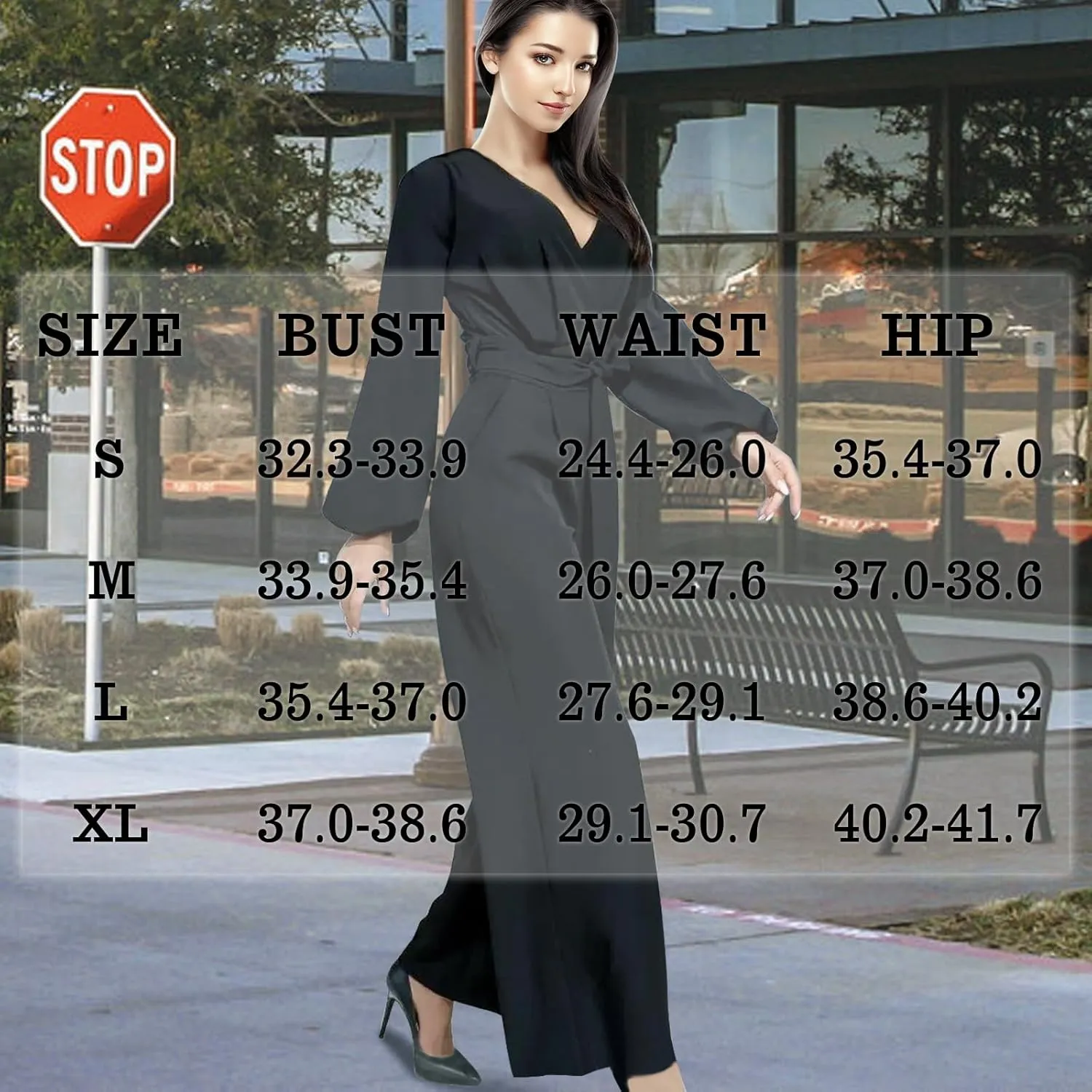 Long Sleeve Jumpsuit for Women Dressy One Piece Outfits Wrap V Neck Wide Leg Pants Rompers with Pockets