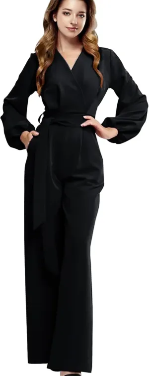 Long Sleeve Jumpsuit for Women Dressy One Piece Outfits Wrap V Neck Wide Leg Pants Rompers with Pockets