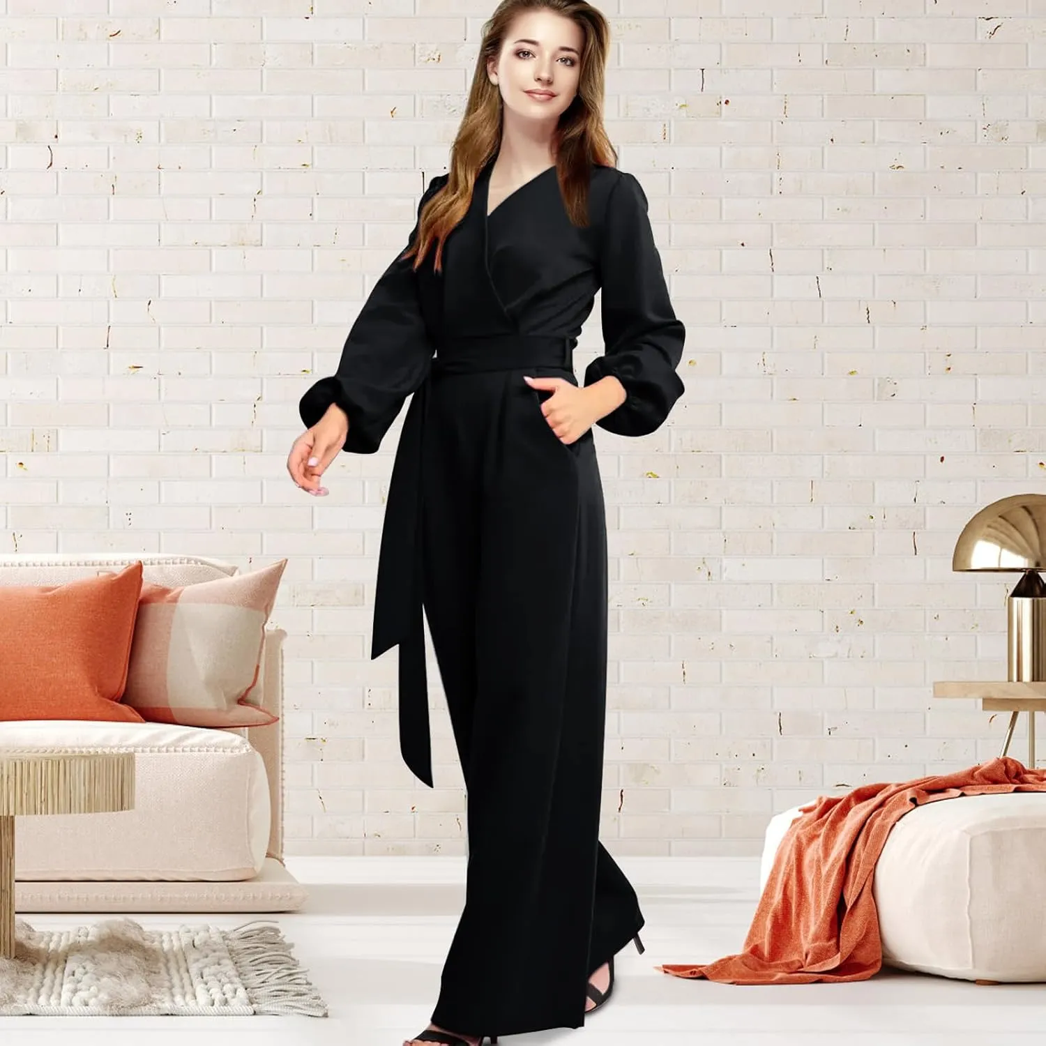 Long Sleeve Jumpsuit for Women Dressy One Piece Outfits Wrap V Neck Wide Leg Pants Rompers with Pockets
