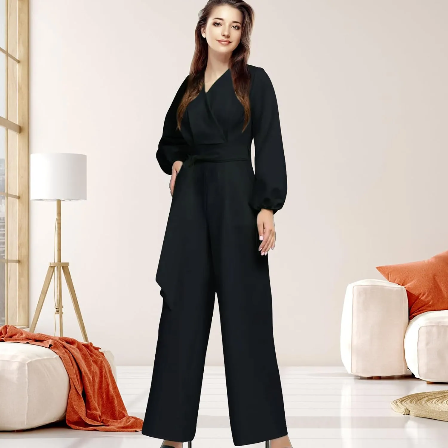 Long Sleeve Jumpsuit for Women Dressy One Piece Outfits Wrap V Neck Wide Leg Pants Rompers with Pockets