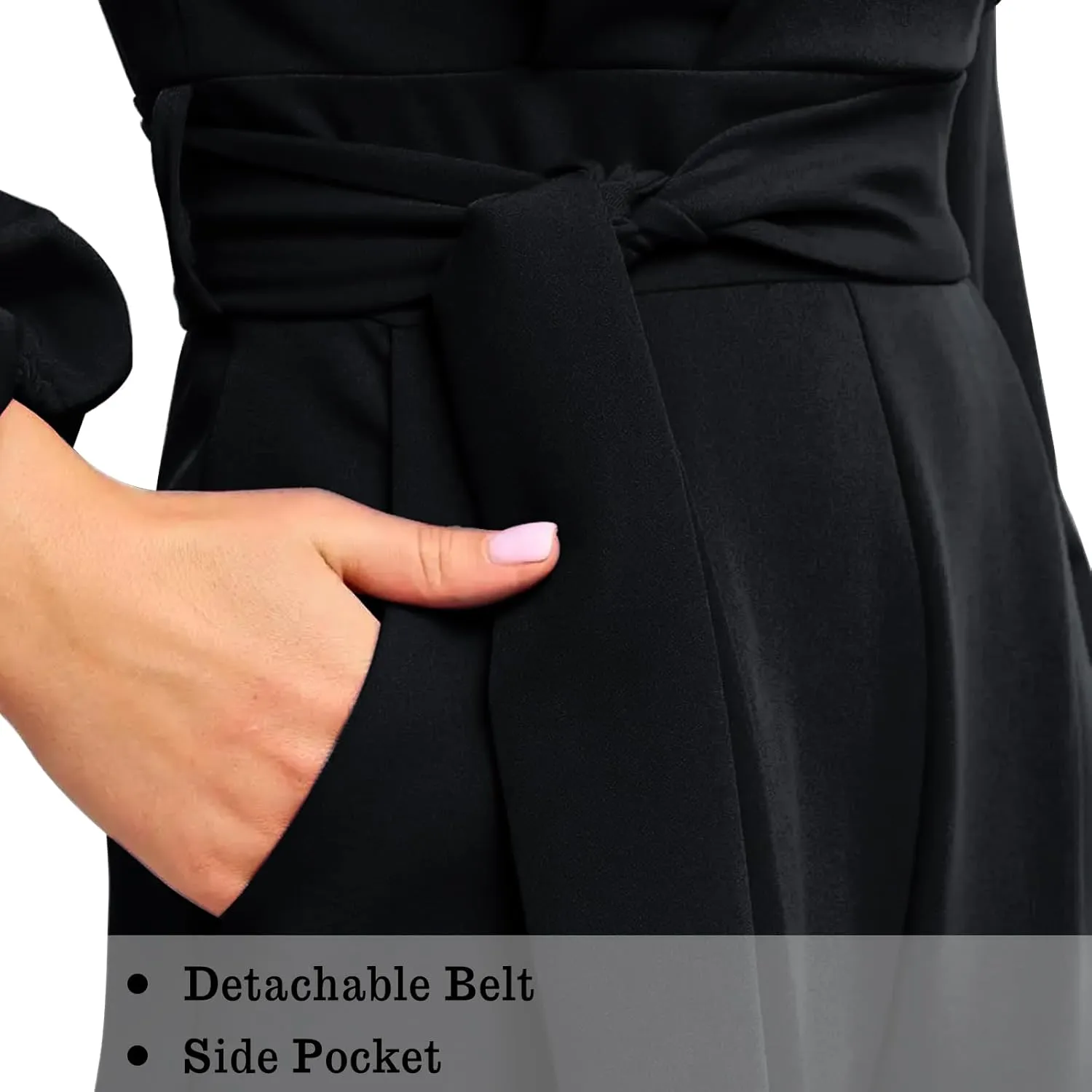 Long Sleeve Jumpsuit for Women Dressy One Piece Outfits Wrap V Neck Wide Leg Pants Rompers with Pockets