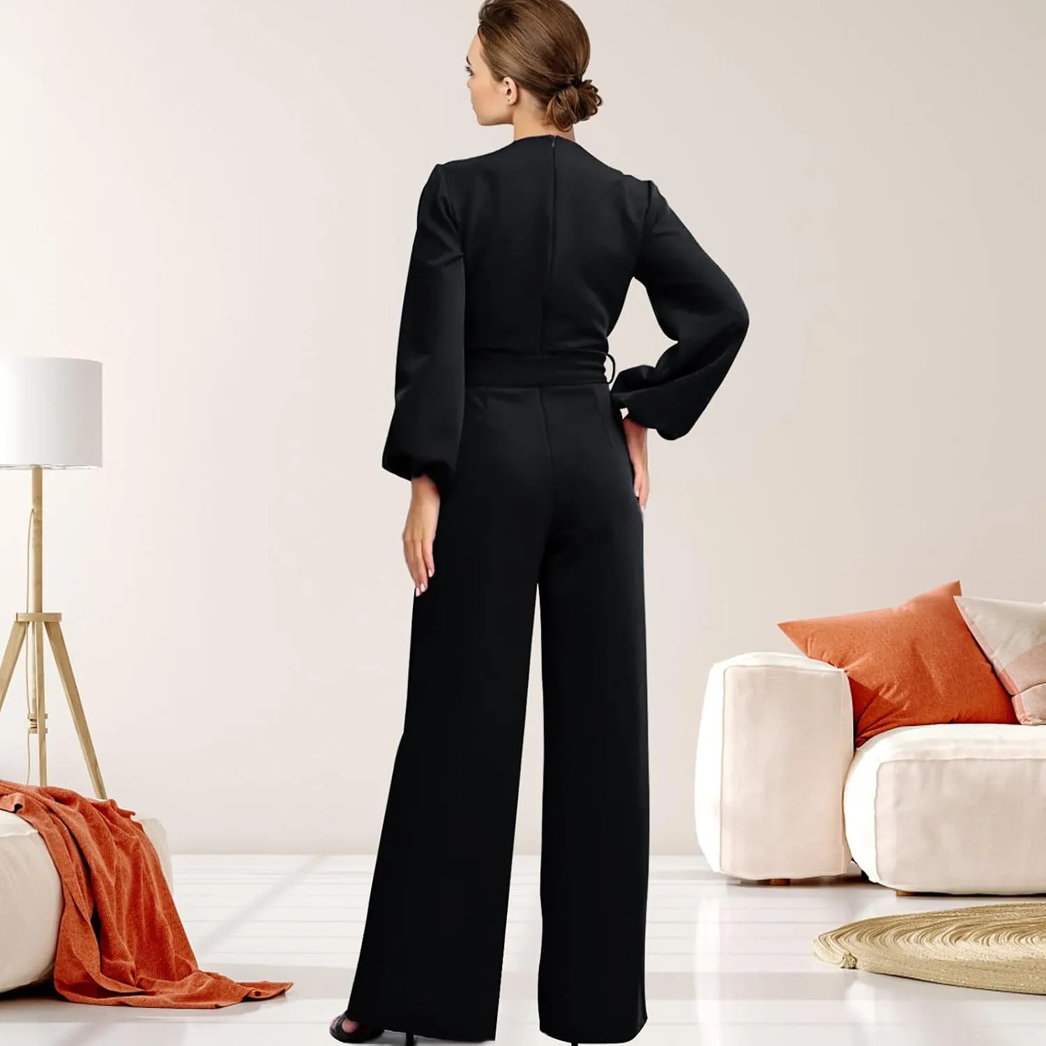 Long Sleeve Jumpsuit for Women Dressy One Piece Outfits Wrap V Neck Wide Leg Pants Rompers with Pockets