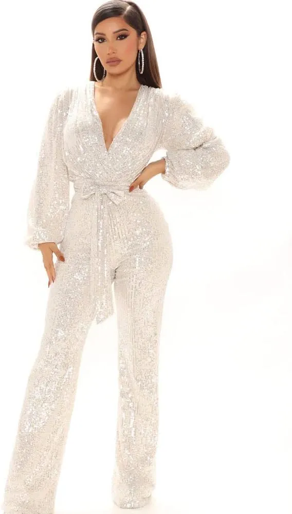 Long Sleeve Women Jumpsuit Deep V-neck Long Leg Pant Bling Shiny Sequin Party Romper