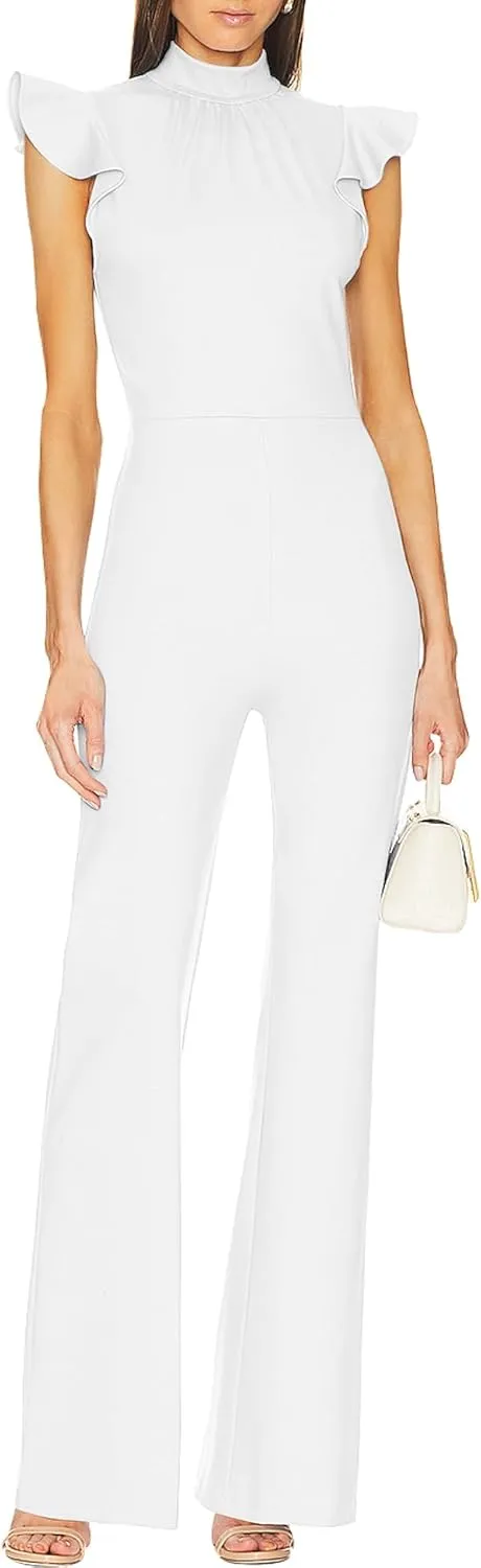 LuFeng Womens Sleeveless Ruffle Mock Neck Jumpsuits One Piece Outfits Wide Leg Pants Rompers