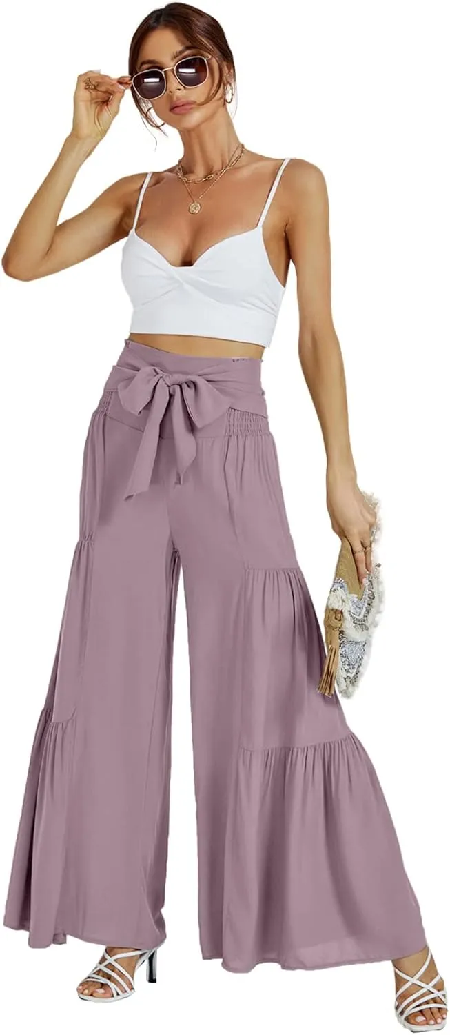 LYANER Women's Casual Tie Front Smocked High Waist Wide Leg Pleated Palazzo Lounge Pant