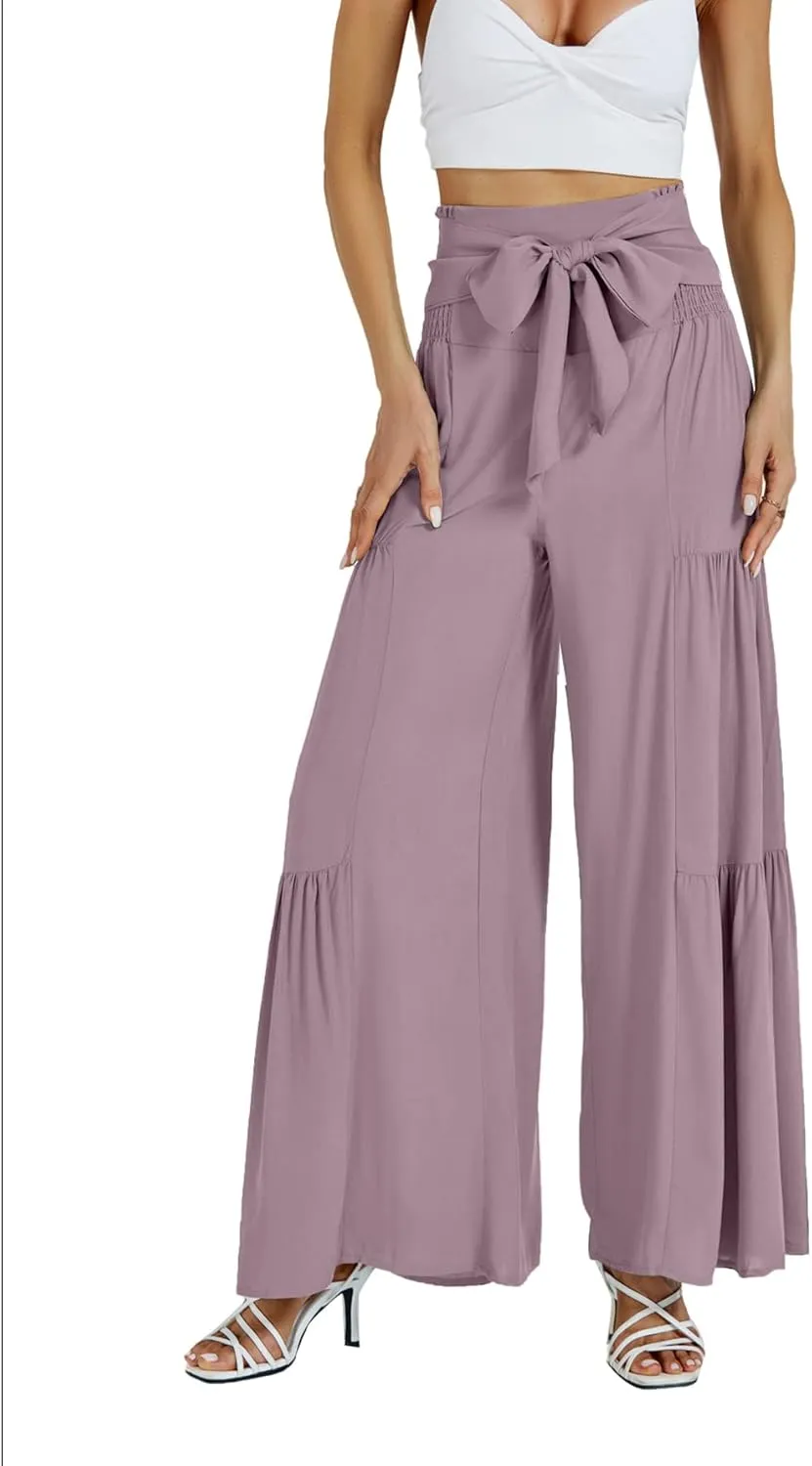 LYANER Women's Casual Tie Front Smocked High Waist Wide Leg Pleated Palazzo Lounge Pant