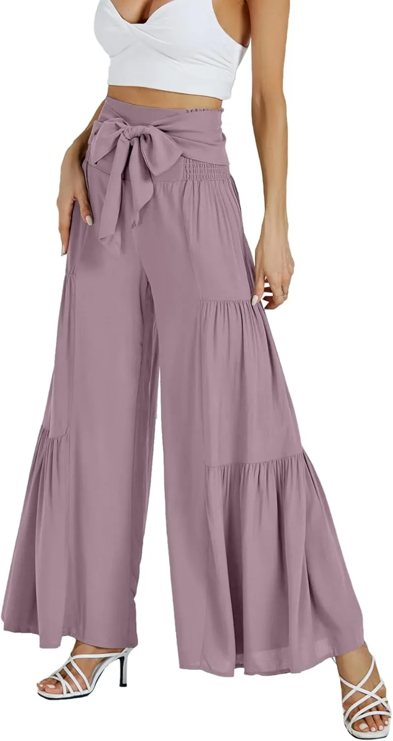 LYANER Women's Casual Tie Front Smocked High Waist Wide Leg Pleated Palazzo Lounge Pant