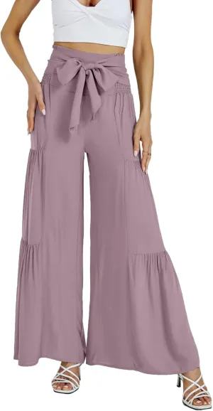 LYANER Women's Casual Tie Front Smocked High Waist Wide Leg Pleated Palazzo Lounge Pant