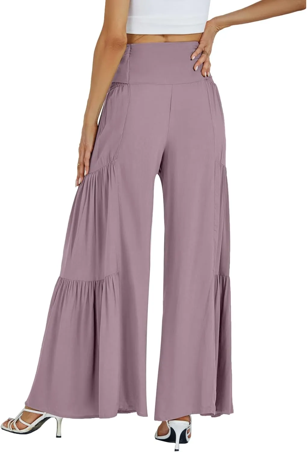 LYANER Women's Casual Tie Front Smocked High Waist Wide Leg Pleated Palazzo Lounge Pant