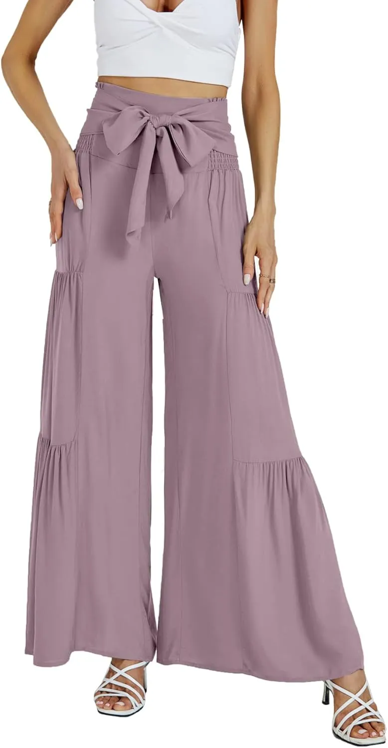 LYANER Women's Casual Tie Front Smocked High Waist Wide Leg Pleated Palazzo Lounge Pant