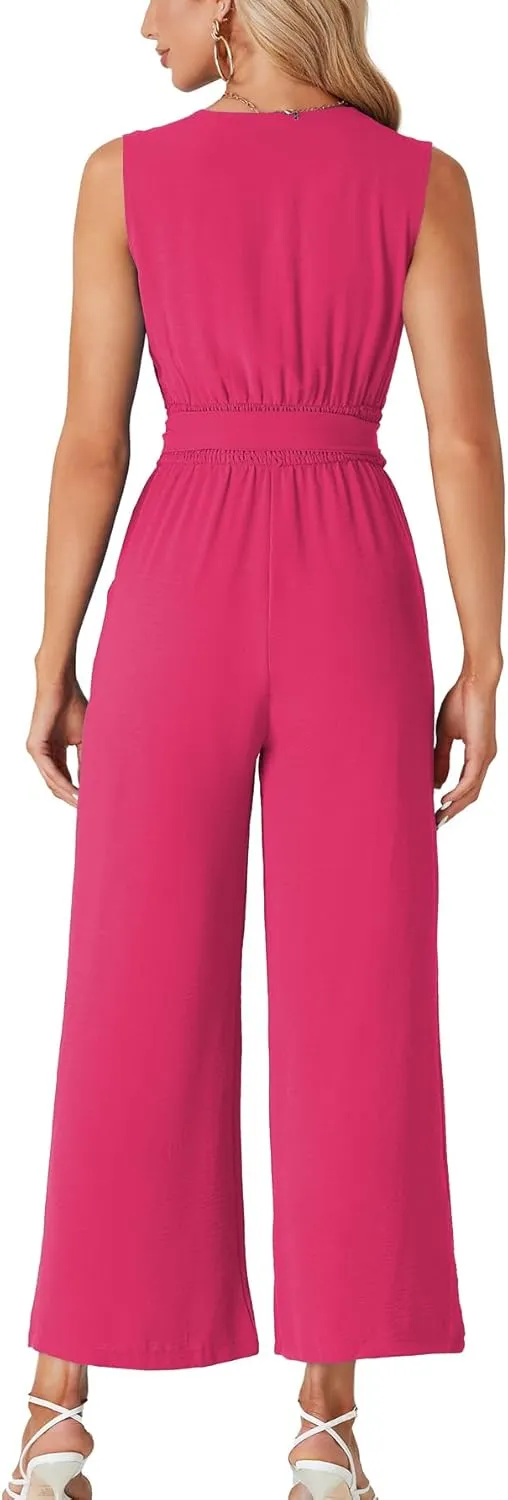 LYANER Women's Wrap Deep V Neck Tie Waist Sleeveless Wide Leg Jumpsuit Romper with Pocket