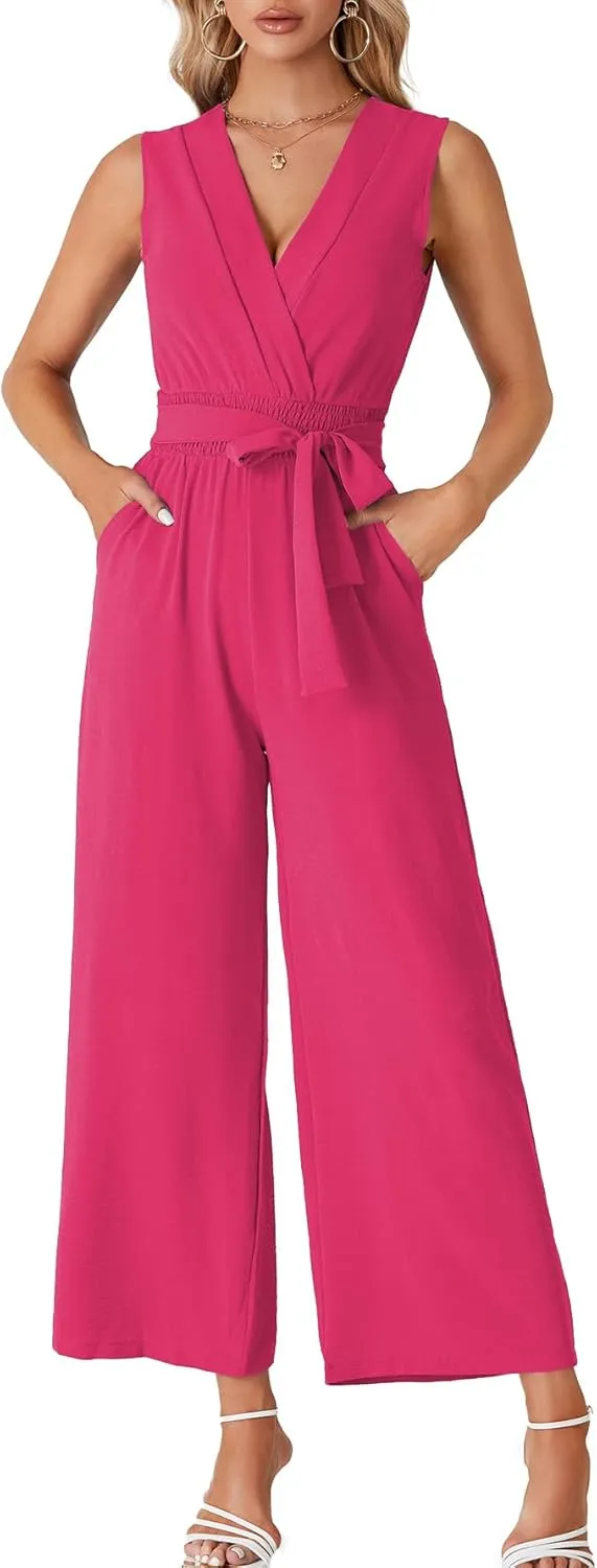 LYANER Women's Wrap Deep V Neck Tie Waist Sleeveless Wide Leg Jumpsuit Romper with Pocket
