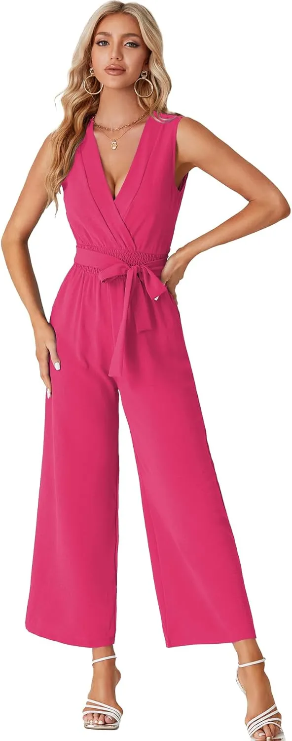 LYANER Women's Wrap Deep V Neck Tie Waist Sleeveless Wide Leg Jumpsuit Romper with Pocket