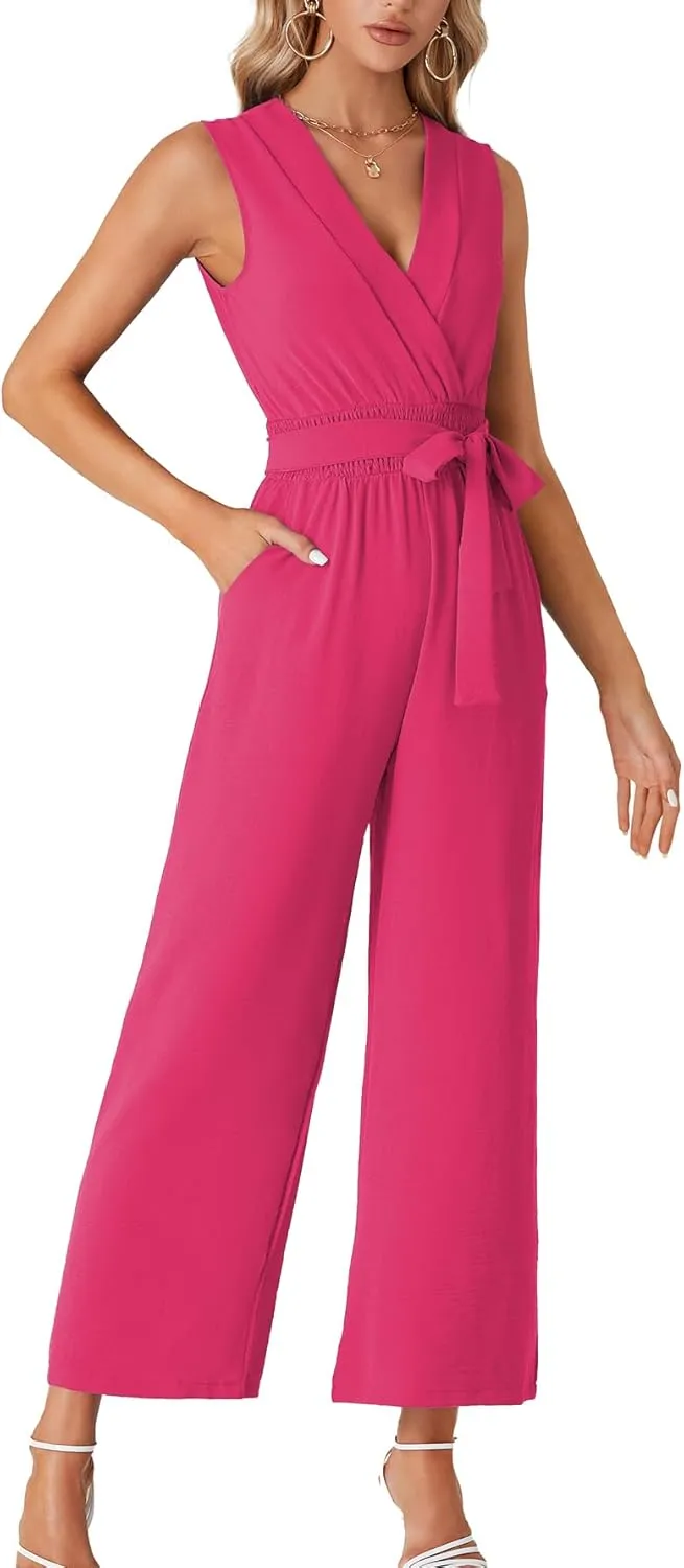 LYANER Women's Wrap Deep V Neck Tie Waist Sleeveless Wide Leg Jumpsuit Romper with Pocket