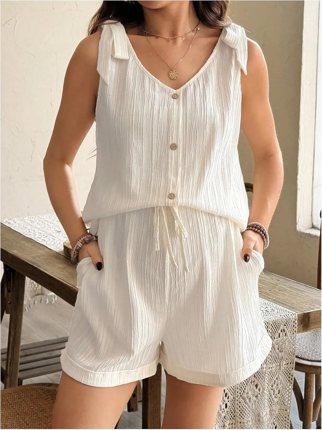MakeMeChic Women's Maternity Clothes Bow V Neck Button Sleeveless Tank and Shorts Pregnancy Outfit Set