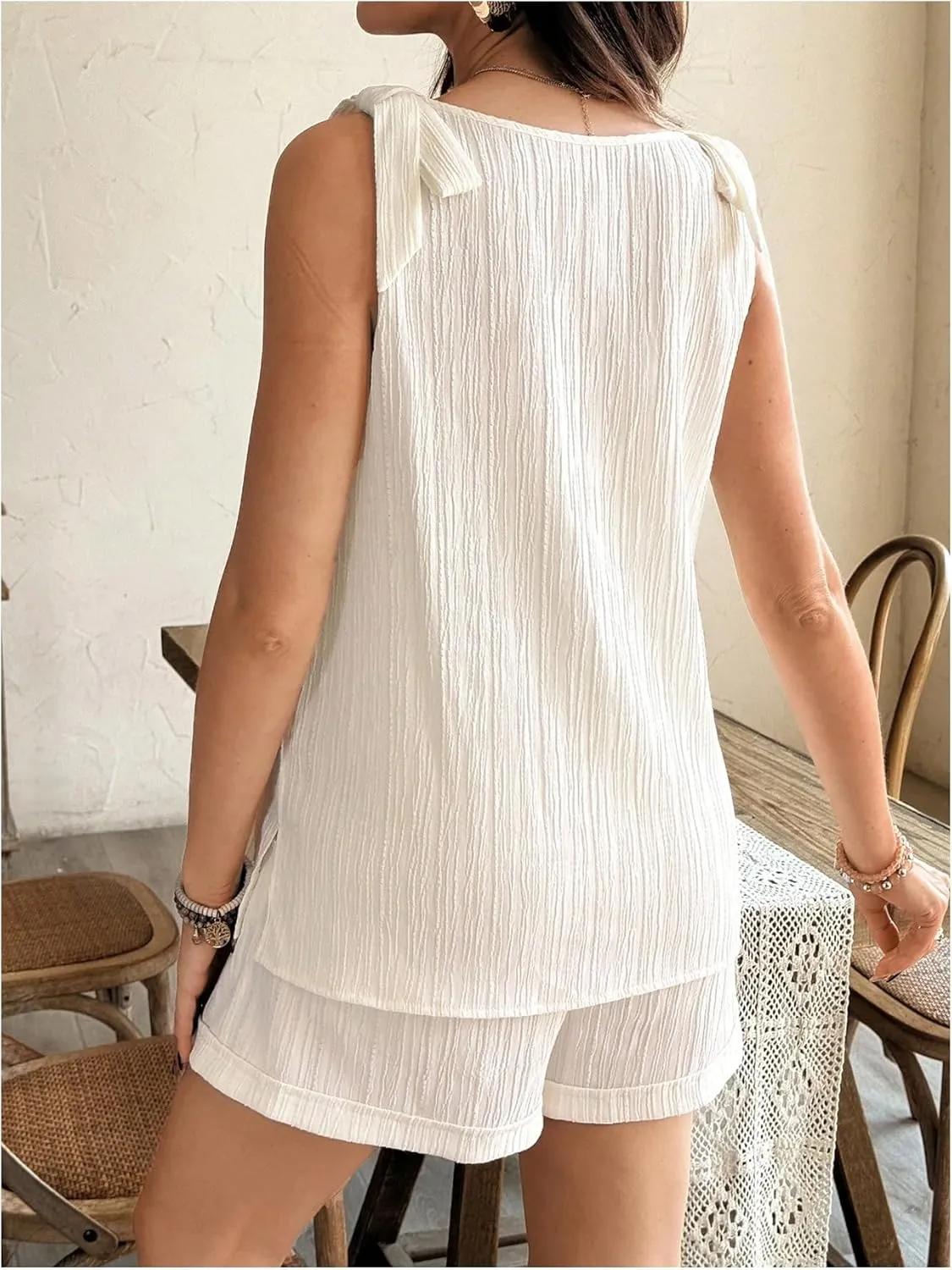 MakeMeChic Women's Maternity Clothes Bow V Neck Button Sleeveless Tank and Shorts Pregnancy Outfit Set