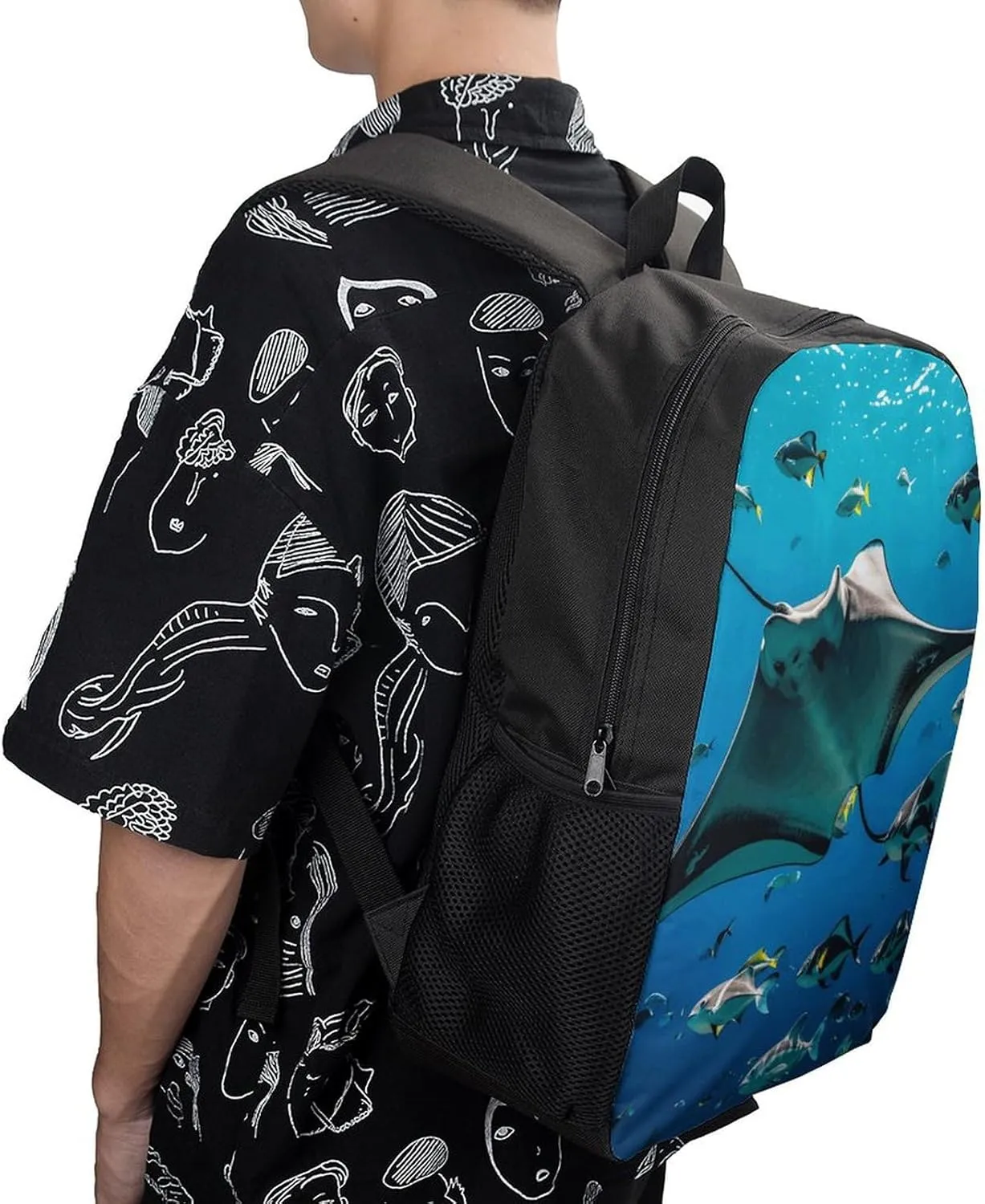 Manta Ray And Fishes Backpack, Laptop Backpack for Men, 17 Inch Travel Hiking Daypack, Casual Backpack