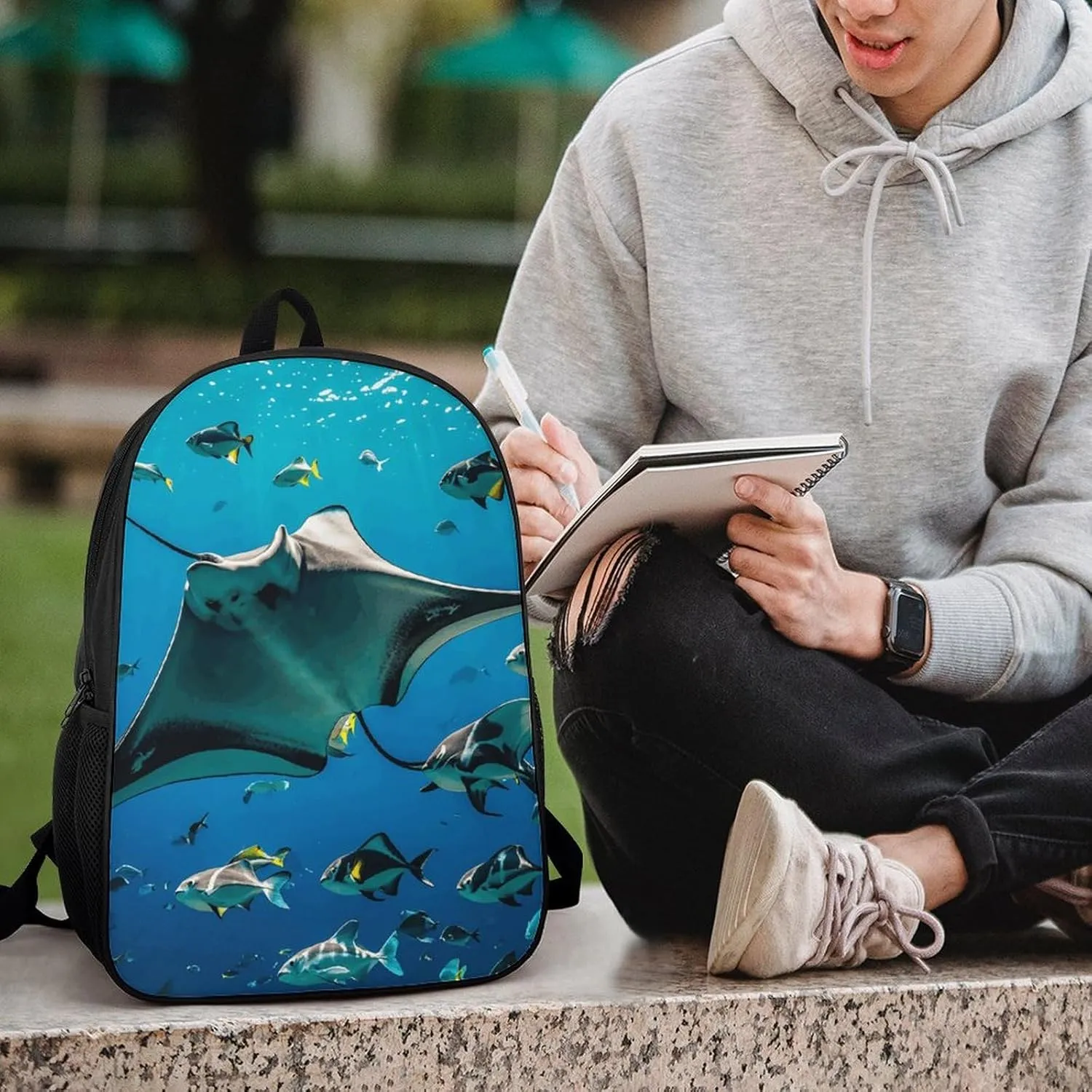 Manta Ray And Fishes Backpack, Laptop Backpack for Men, 17 Inch Travel Hiking Daypack, Casual Backpack