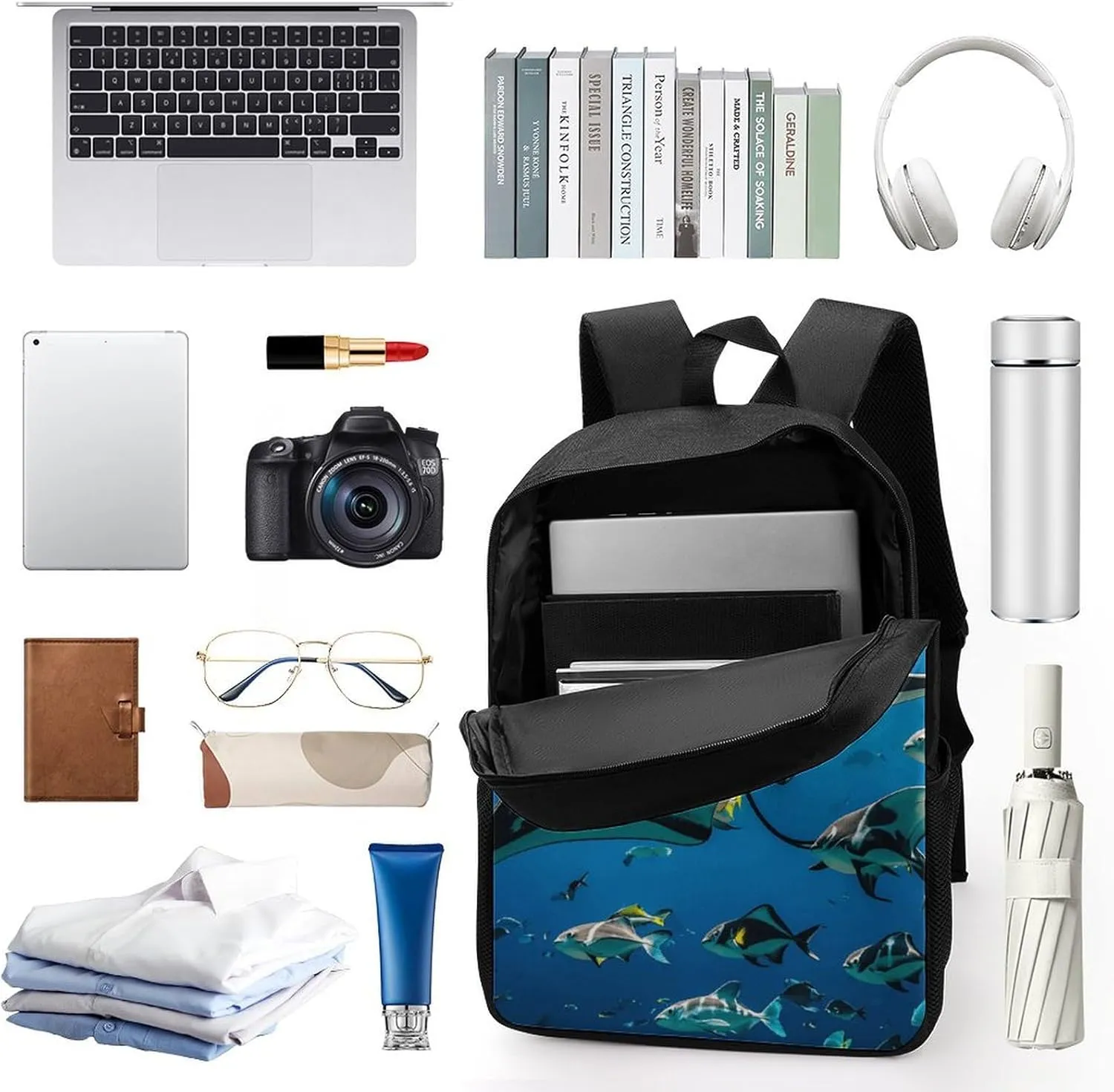 Manta Ray And Fishes Backpack, Laptop Backpack for Men, 17 Inch Travel Hiking Daypack, Casual Backpack