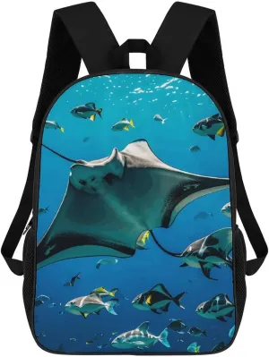Manta Ray And Fishes Backpack, Laptop Backpack for Men, 17 Inch Travel Hiking Daypack, Casual Backpack