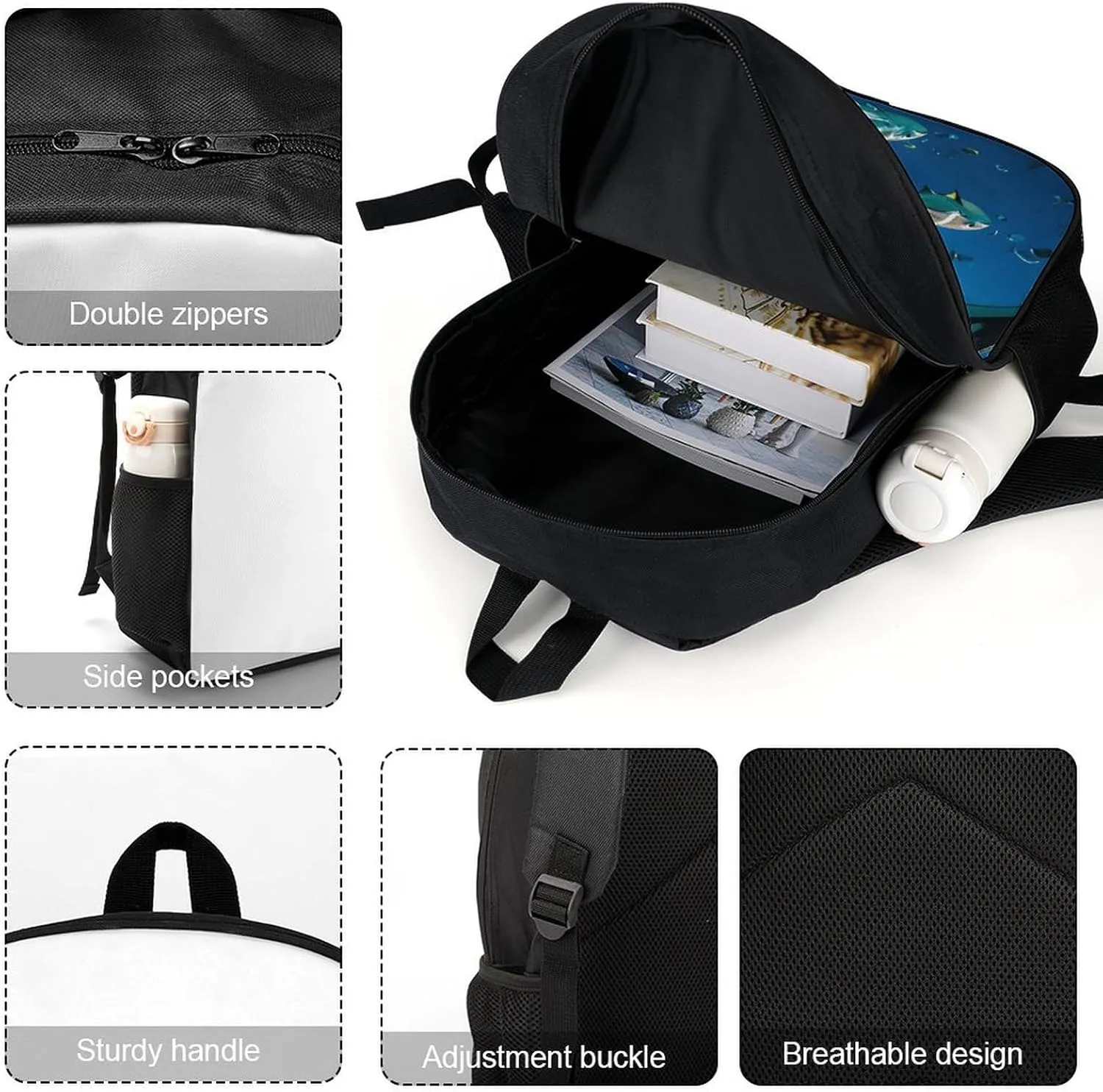 Manta Ray And Fishes Backpack, Laptop Backpack for Men, 17 Inch Travel Hiking Daypack, Casual Backpack
